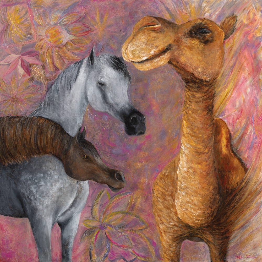 Fanni Mikó THE CAMEL WITH TWO HORSES - 2023, ACRYLIC, CANVAS - 100 X 100 Dipinti